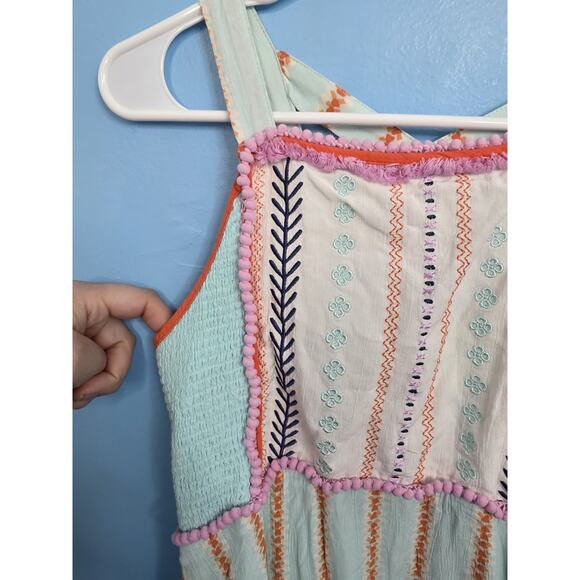 435 by Matilda Jane Dress Girls 12 Turquoise Orange Trim Smocked Back Sundress - Picture 2 of 5